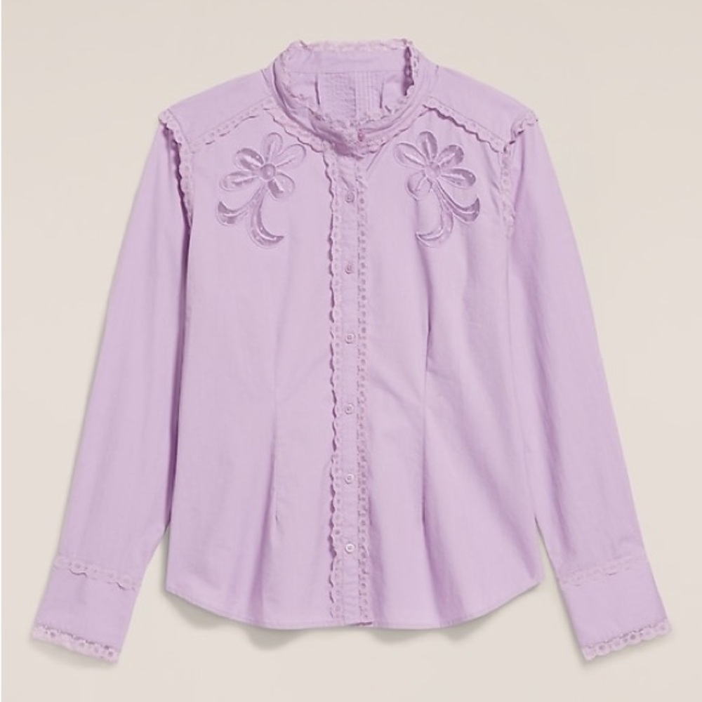 Old Navy x Anna Sui Lilac Embroidered Ruffle Button-Down Shirt - Picture 3 of 9